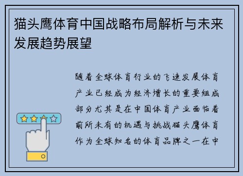 猫头鹰体育中国战略布局解析与未来发展趋势展望